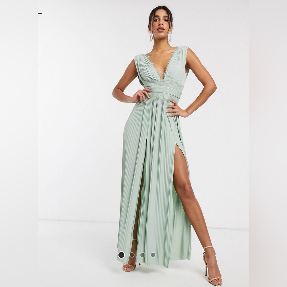 ASOS Design - Premium Lace Insert Pleated Maxi Dress - Sage Green - Size 8